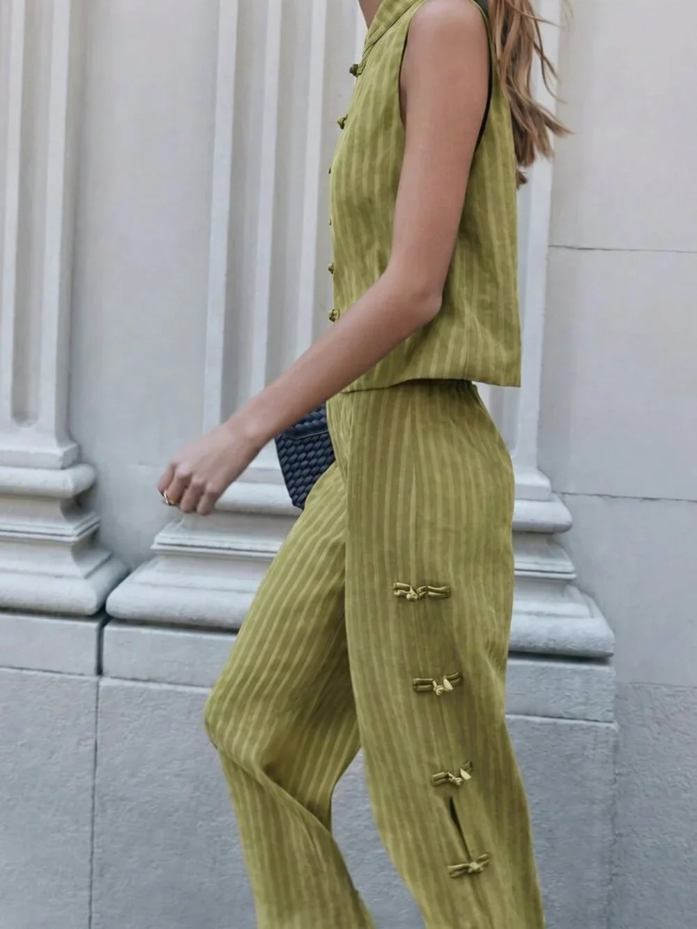 Green Casual Women's Sleeveless Vest And Wide-Leg Pants Set